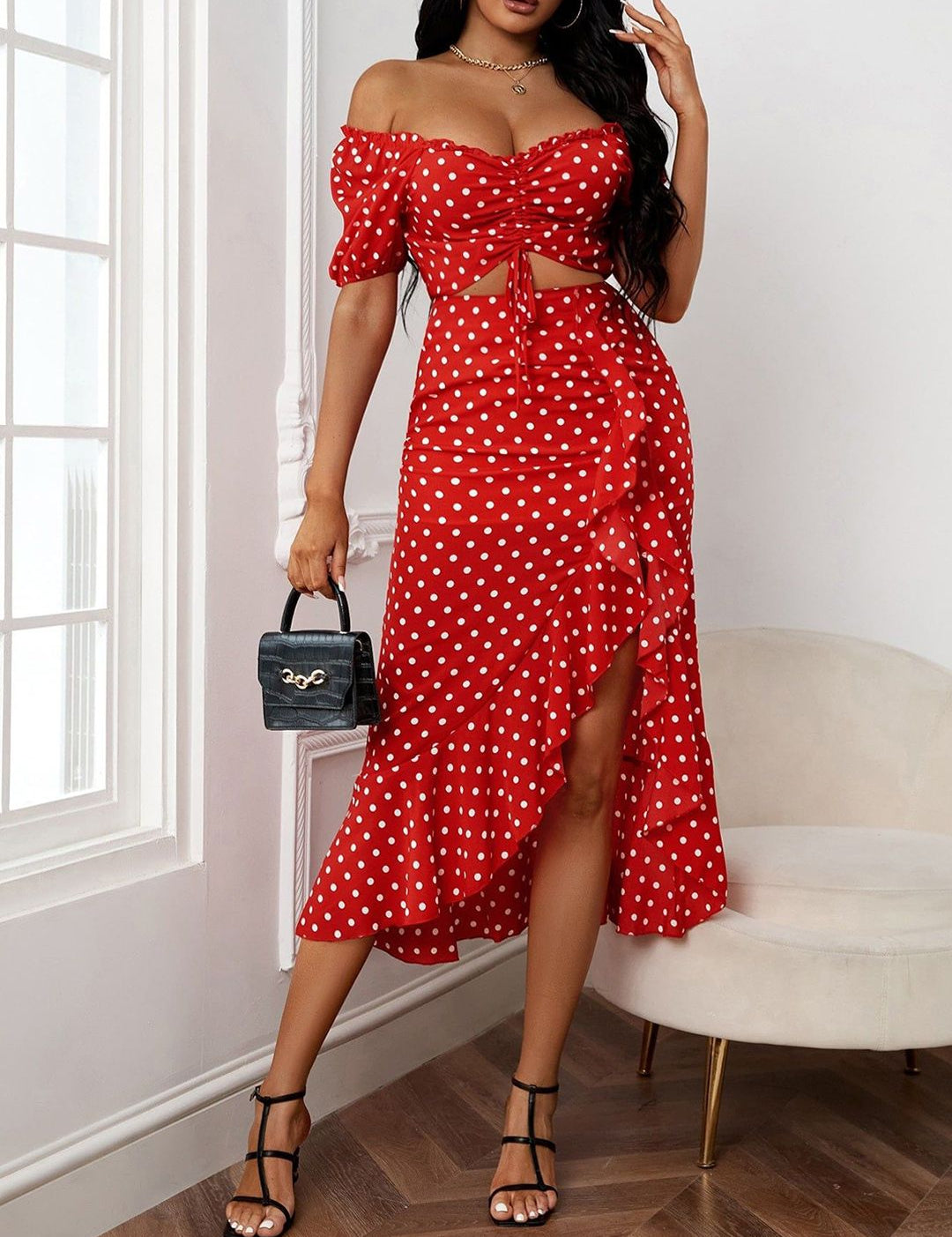 Kotty Polka Dot Off-Shoulder Top with Skirt