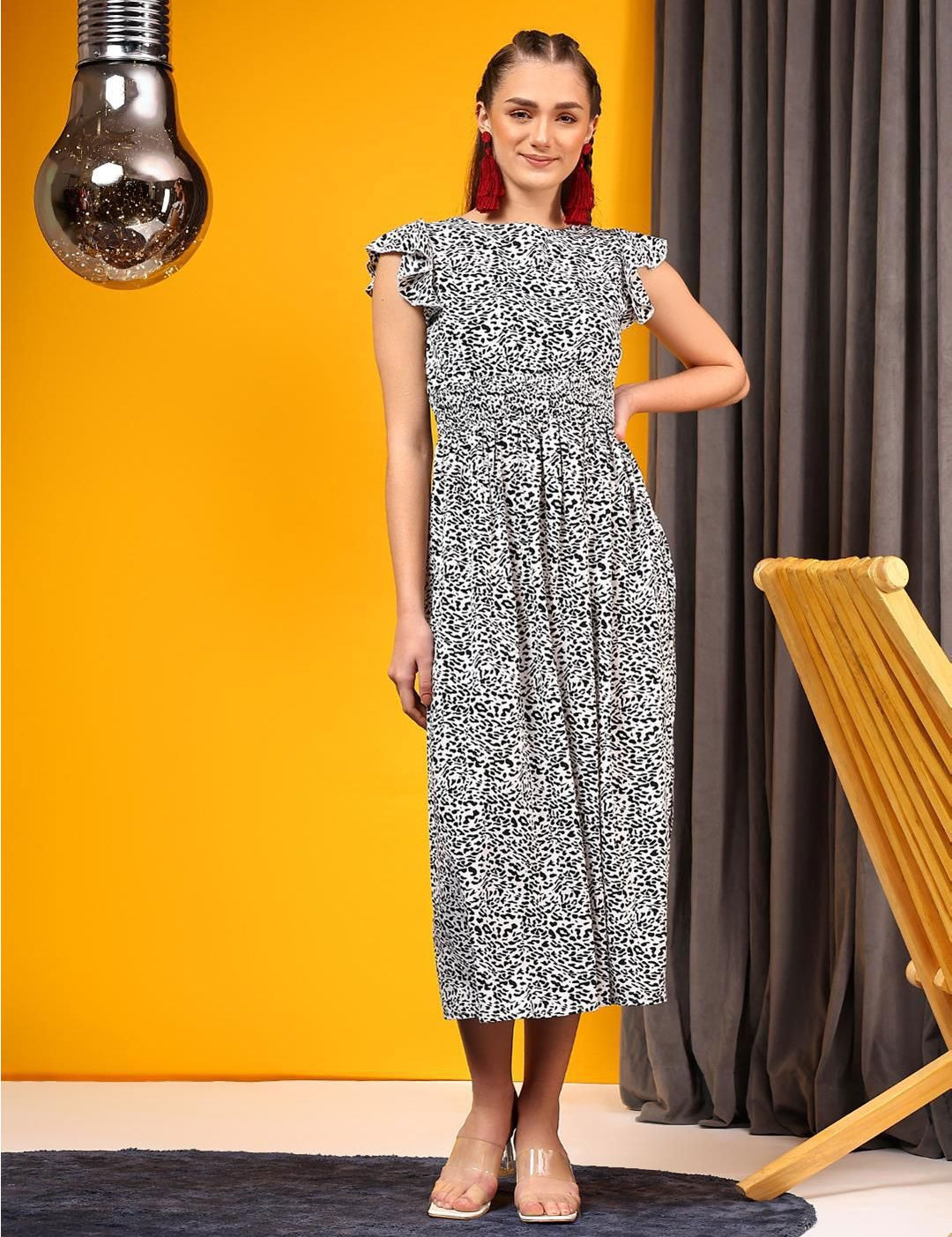 Kotty Animal Printed Crepe Fit & Flare Midi Dress