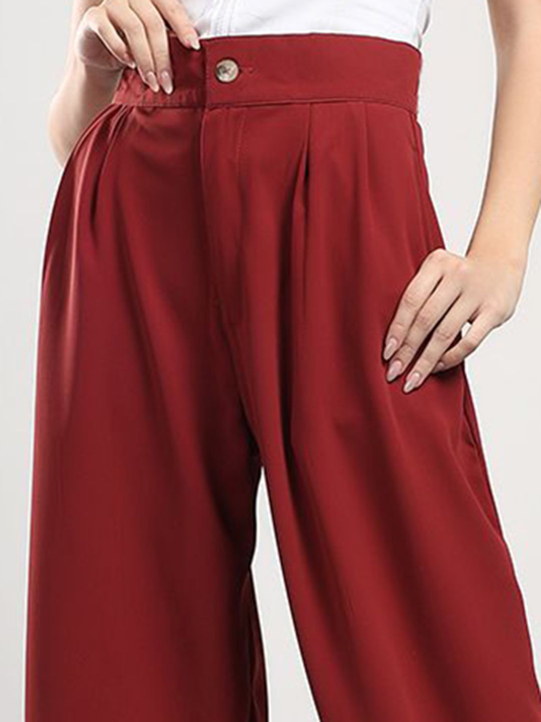 Kotty Women Cherry Red Original High-Rise Easy Wash Pleated Wide Leg Parallel Trousers