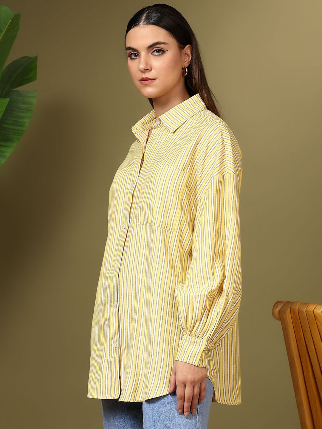 Kotty Women Spread Collar Vertical Striped Cotton Casual Shirt