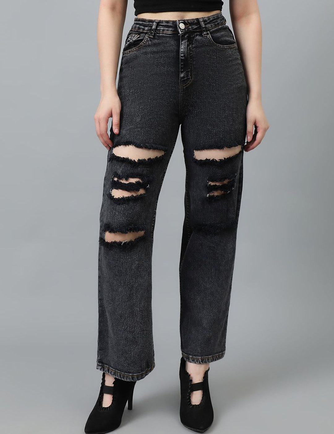 Kotty Women Straight Fit High-Rise Highly Distressed Cotton Stretchable Jeans