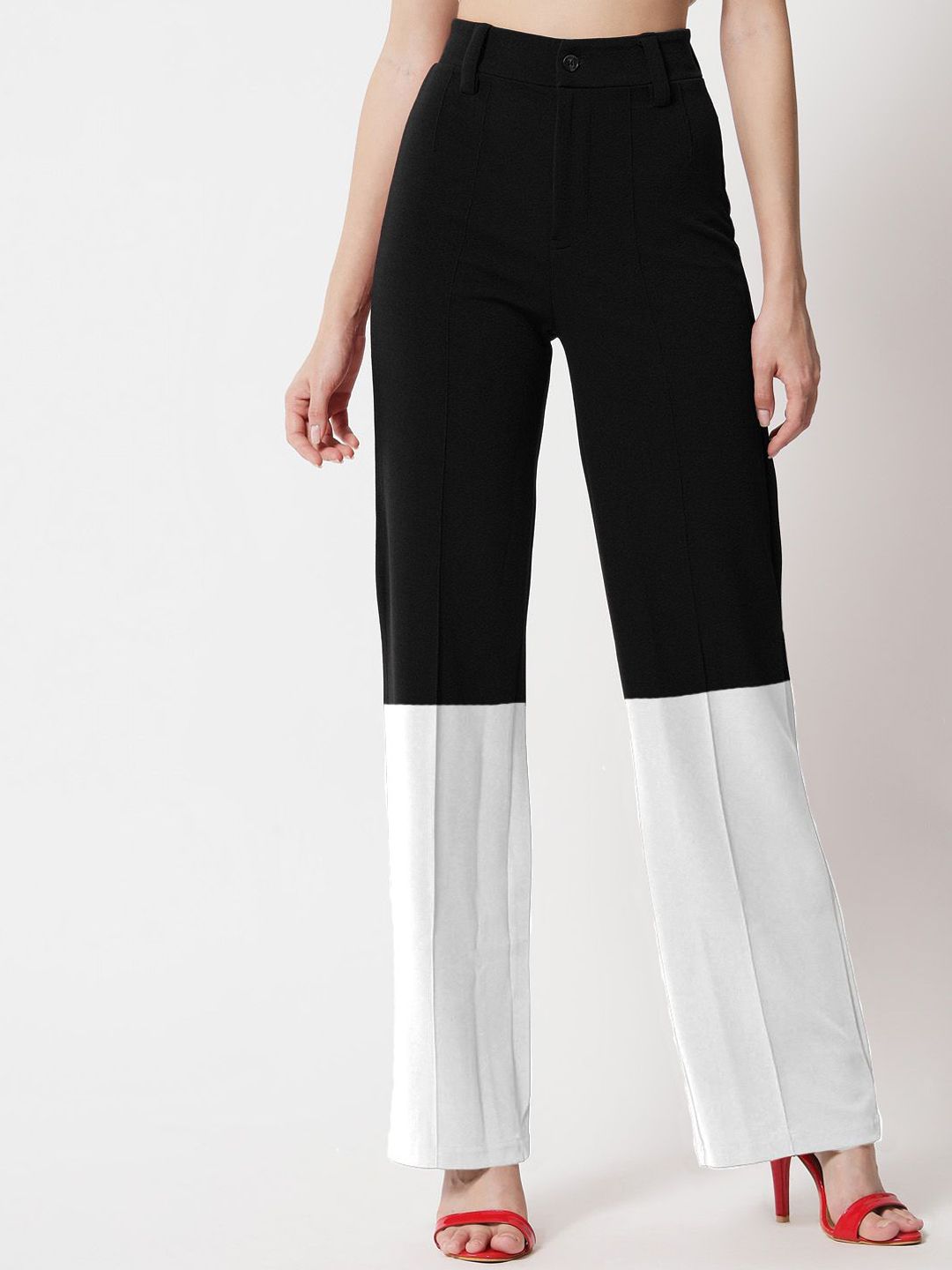 Kotty Women Colourblocked Relaxed Straight Leg Straight Fit High-Rise Easy Wash Trousers