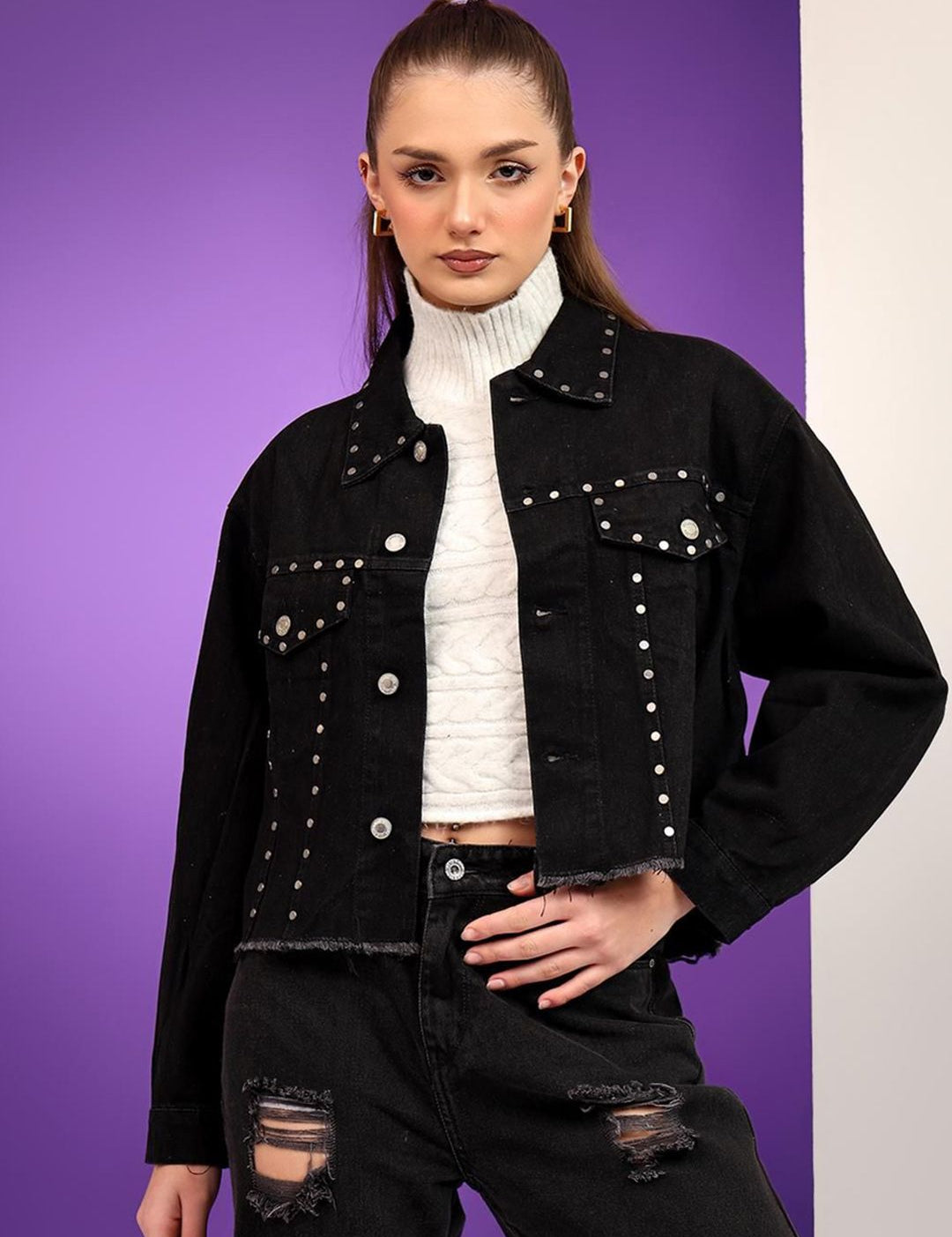 Kotty Women Spread Collar Solid Casual Denim Jacket