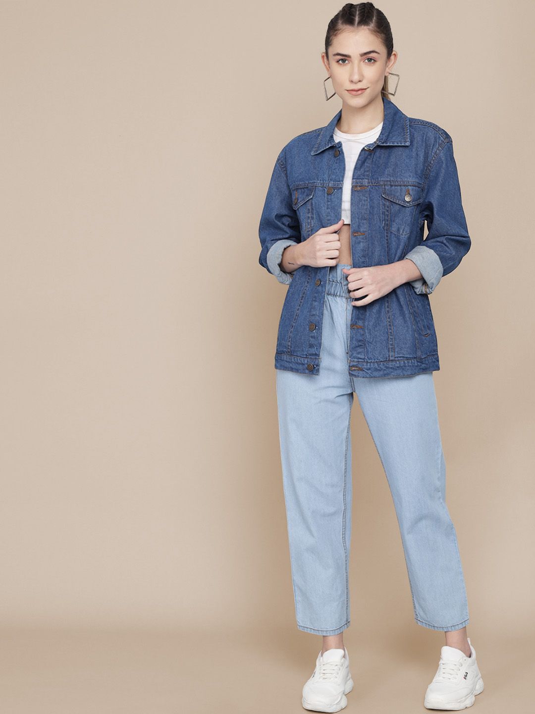 Kotty Women Spread Collar Solid Cotton Casual Denim Jacket