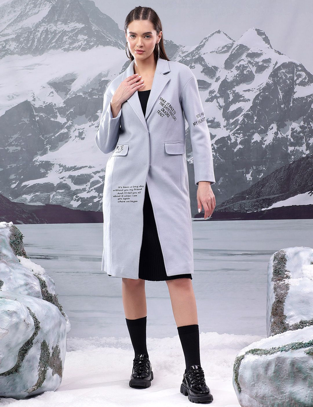 Kotty Printed Notched Lapel Single-Breasted Overcoat