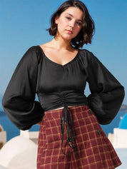 Kotty Women Solid V-Neck  Bishop Sleeves Satin Crop Top