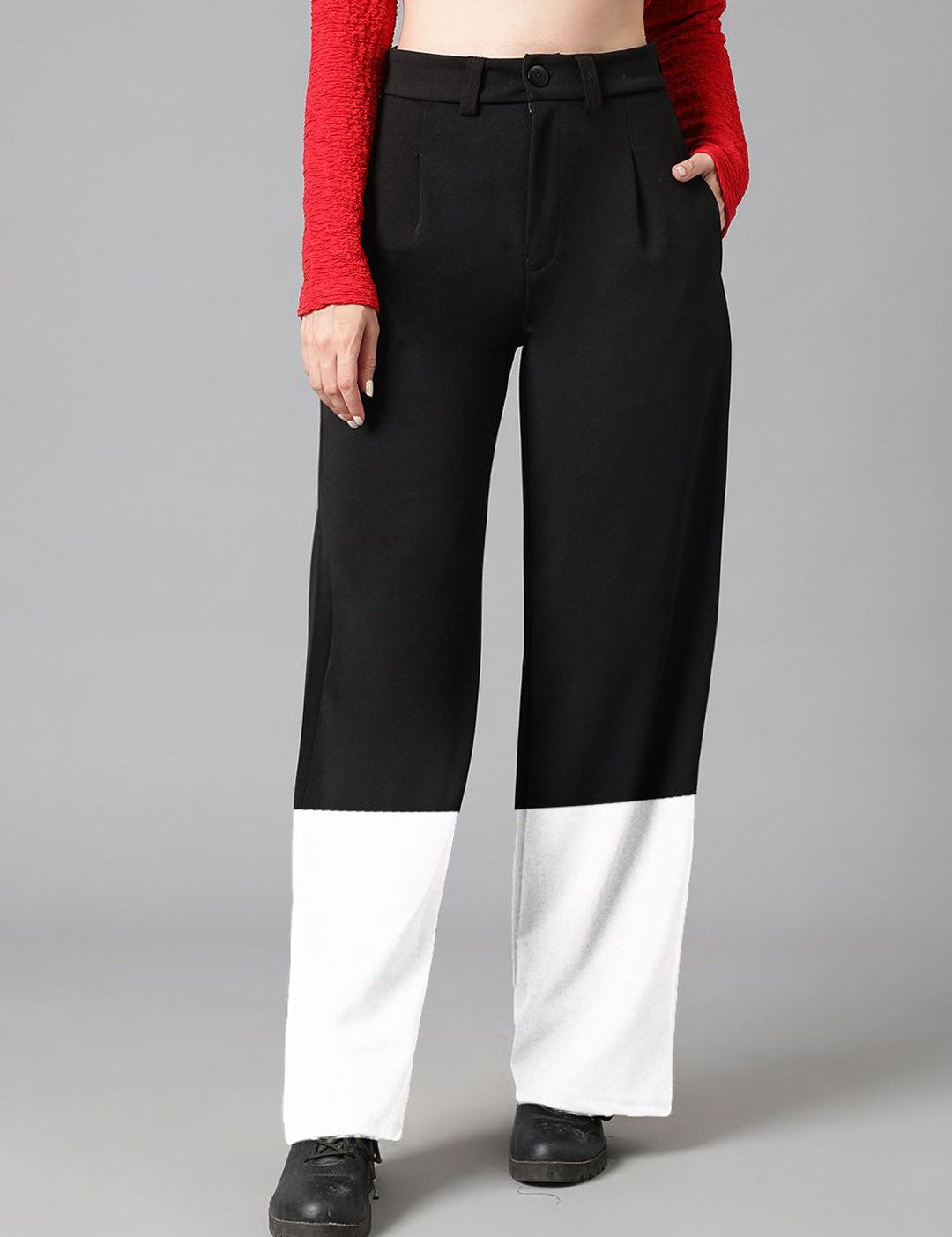 Kotty Women Colourblocked High-Rise Easy Wash Regular Trousers 