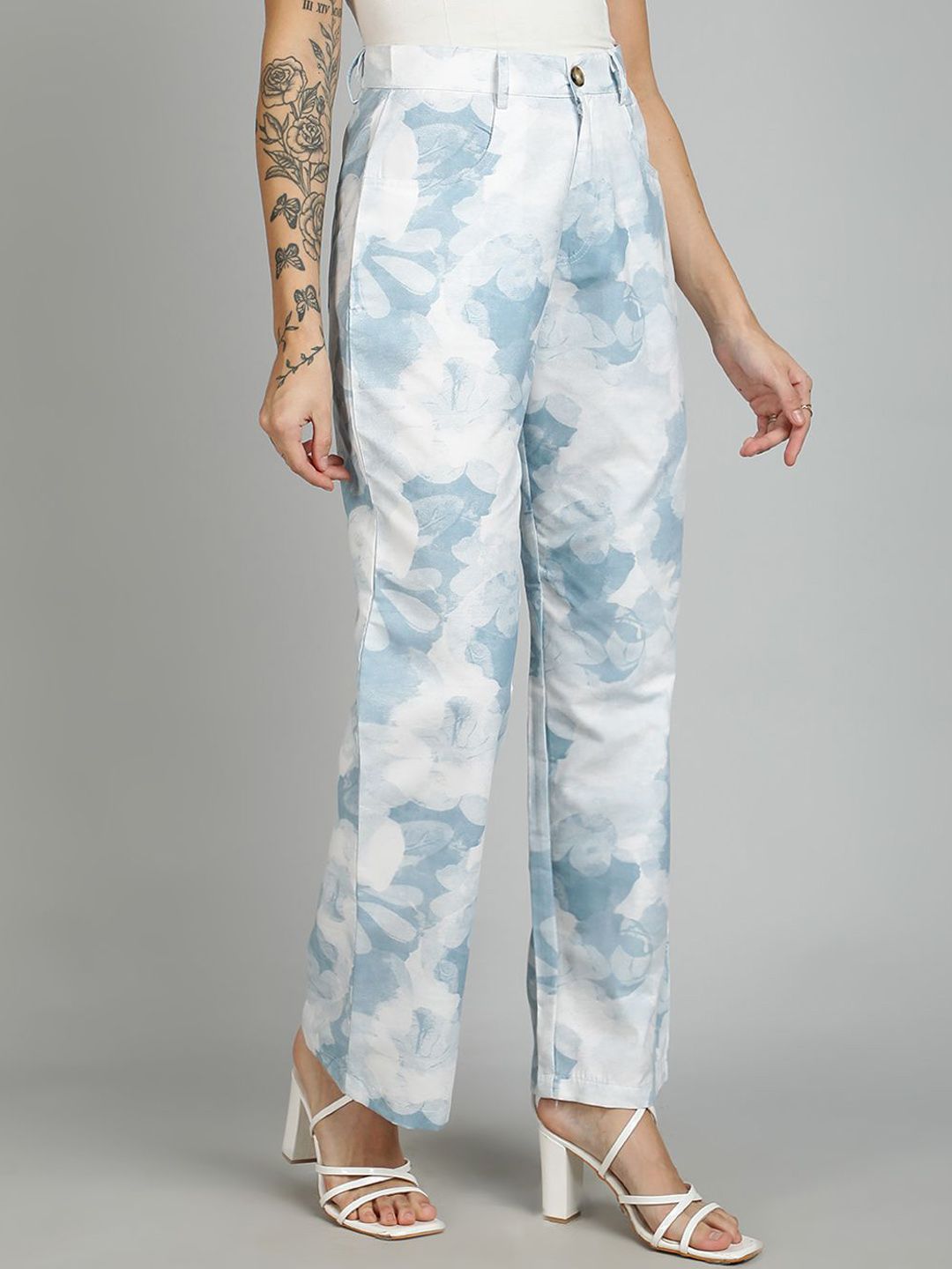 Kotty Women Cotton Printed Straight Fit High-Rise Easy Wash Trousers
