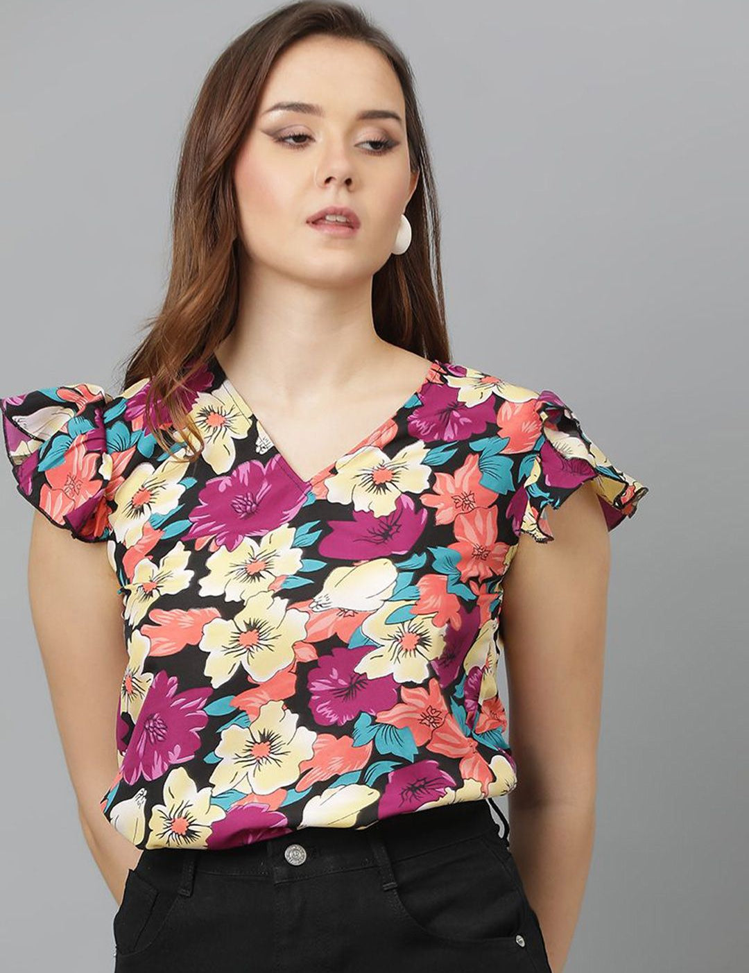 Kotty Women Floral Printed V-Neck Flutter Sleeve Top
