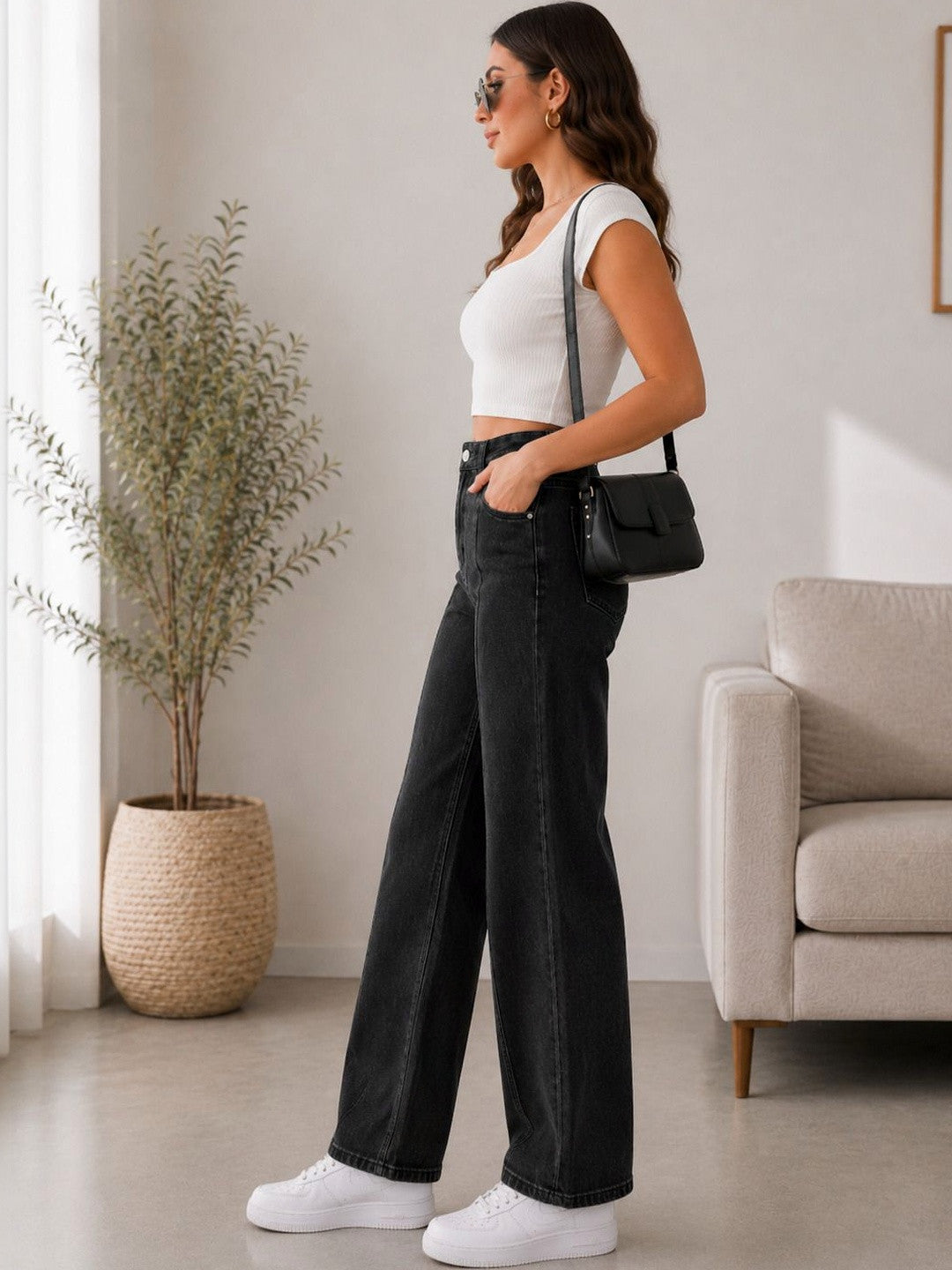 Women's Black High-Waisted Wide-Leg Jeans Online