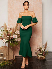 Kotty Women Solid Off-Shoulder Puff Sleeve Bodycon Midi Dress