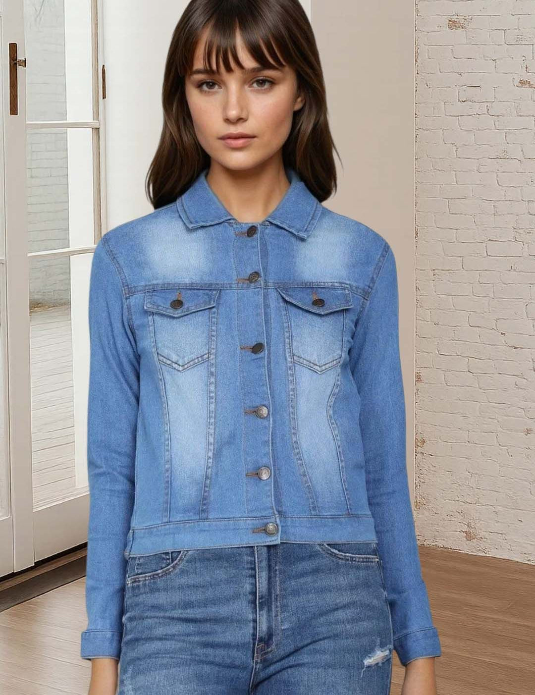 Kotty Women Spread Collar Solid Denim Jacket