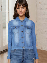 Kotty Women Spread Collar Solid Denim Jacket