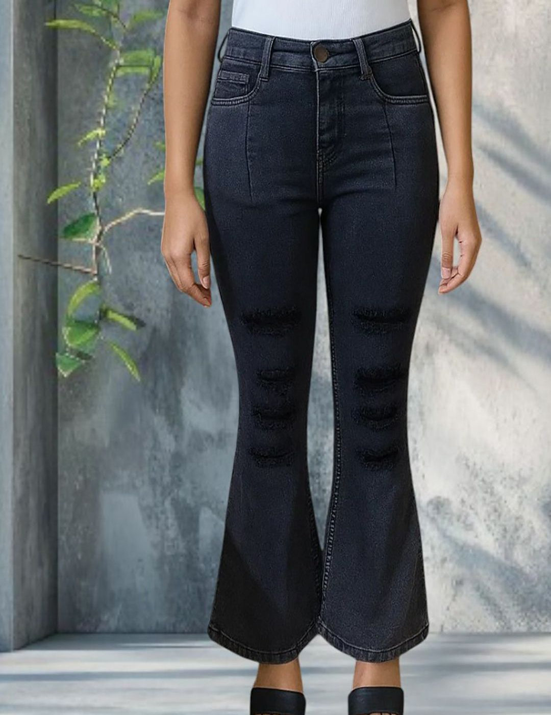 Kotty Women Bootcut High Rise Mildly Distressed Light Fade Stretchable Jeans