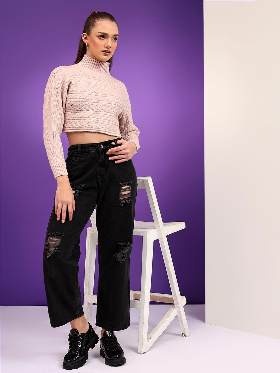 Kotty Women Cable Knit Crop Pullover Sweaters