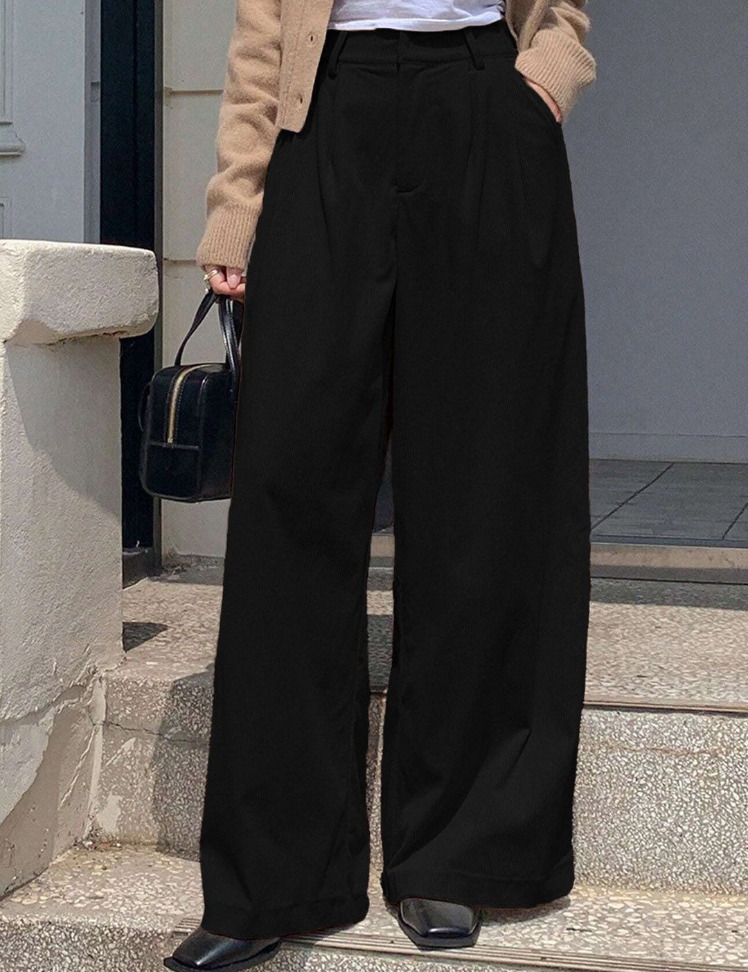 Kotty Women Relaxed Straight Leg Loose Fit High-Rise Corduroy Cotton Trousers