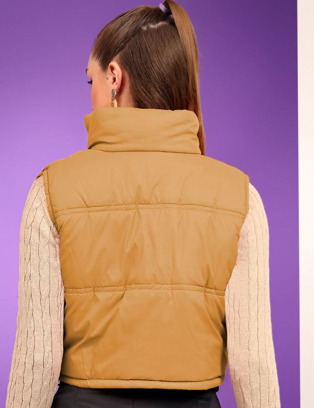 Kotty Women Mock Collar Solid Cotton Insulator Crop Gilet Jacket