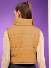 Kotty Women Mock Collar Solid Cotton Insulator Crop Gilet Jacket