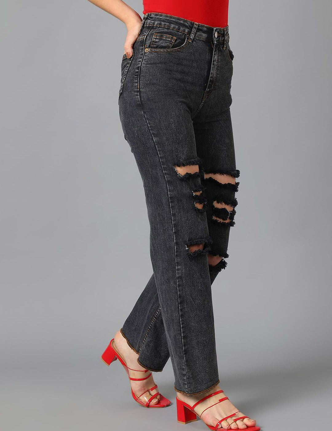Kotty Women Straight Fit High-Rise Highly Distressed Stretchable Jeans