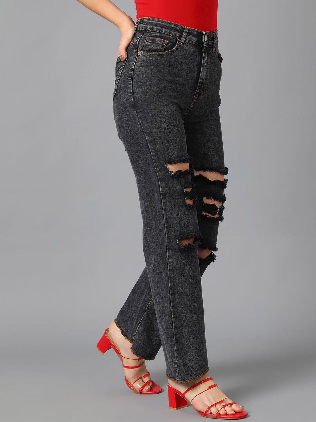 Kotty Women Straight Fit High-Rise Highly Distressed Stretchable Jeans