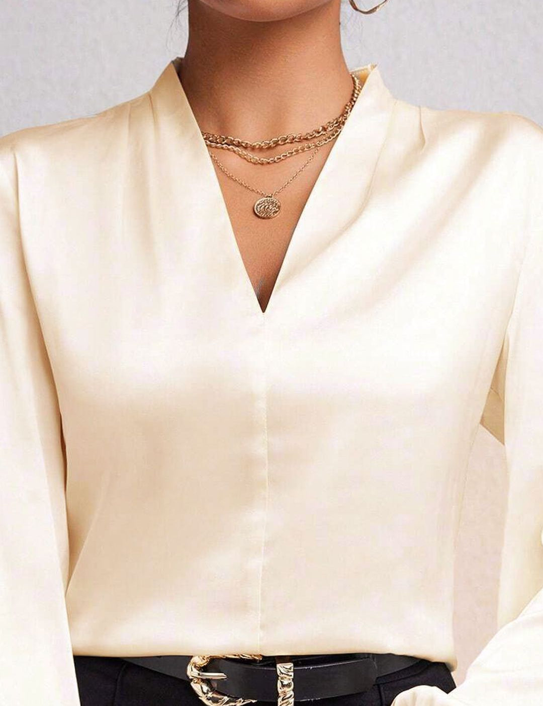 Kotty Women V-Neck Cuffed Sleeve Satin Top