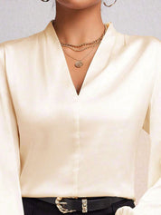 Kotty Women V-Neck Cuffed Sleeve Satin Top