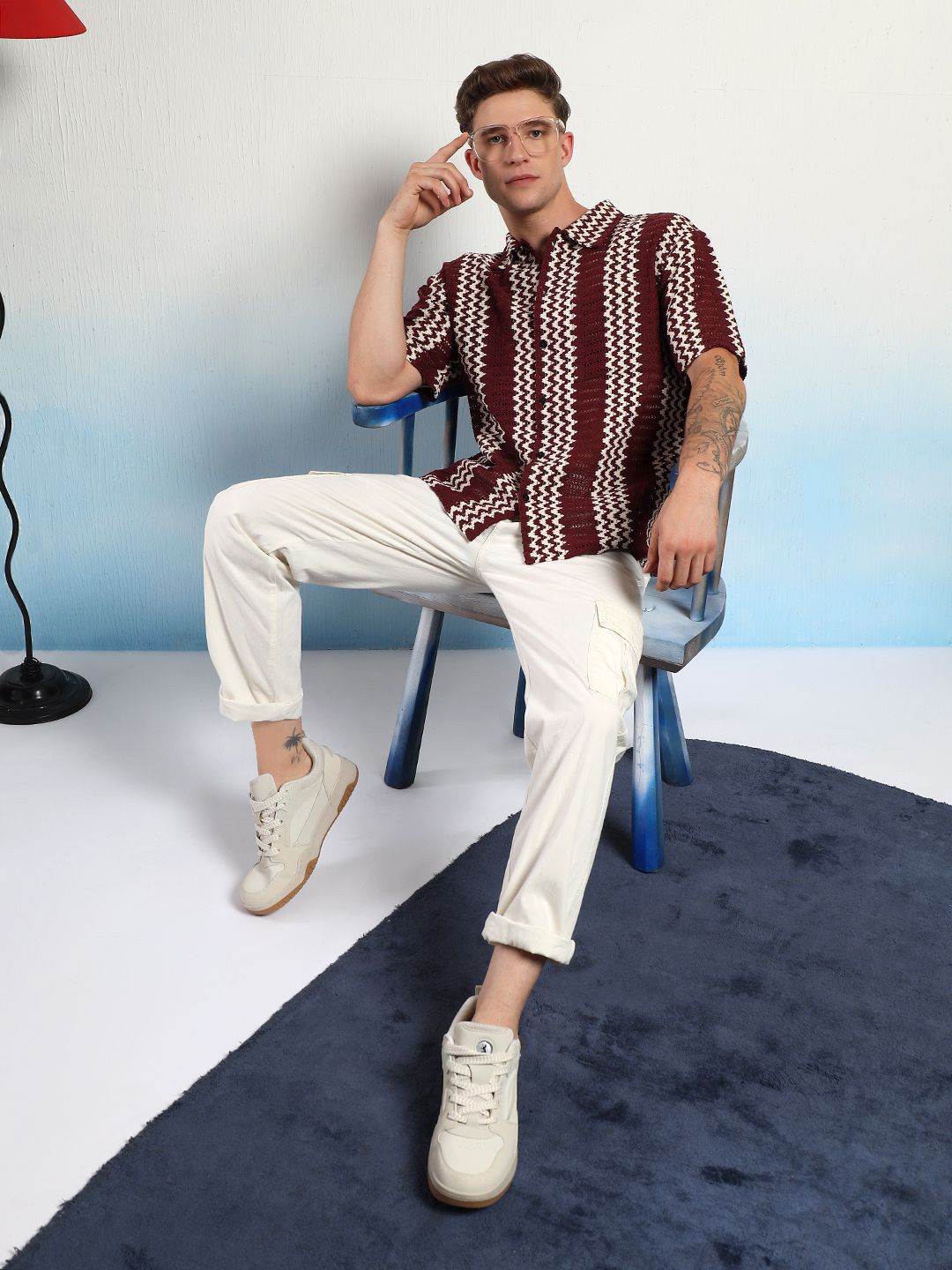 Kotty Men Vertical Stripes Self Design Cotton Sheer Casual Shirt