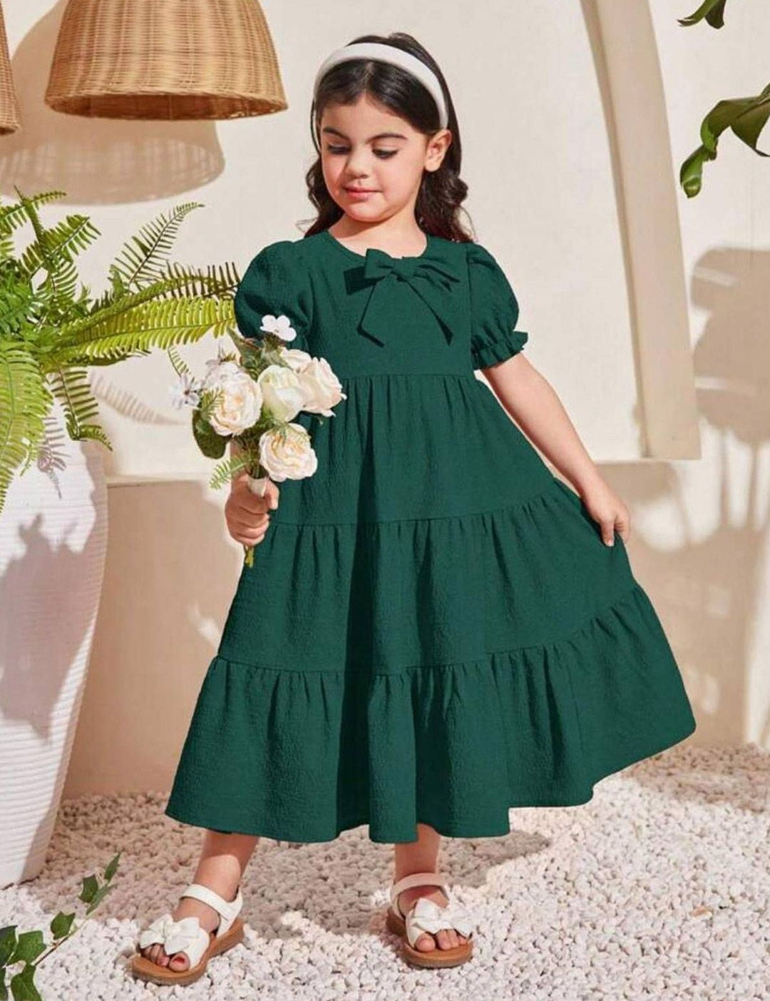 Kotty Girl's Self Design Puff Sleeves Bow Details Tiered Gown Dress