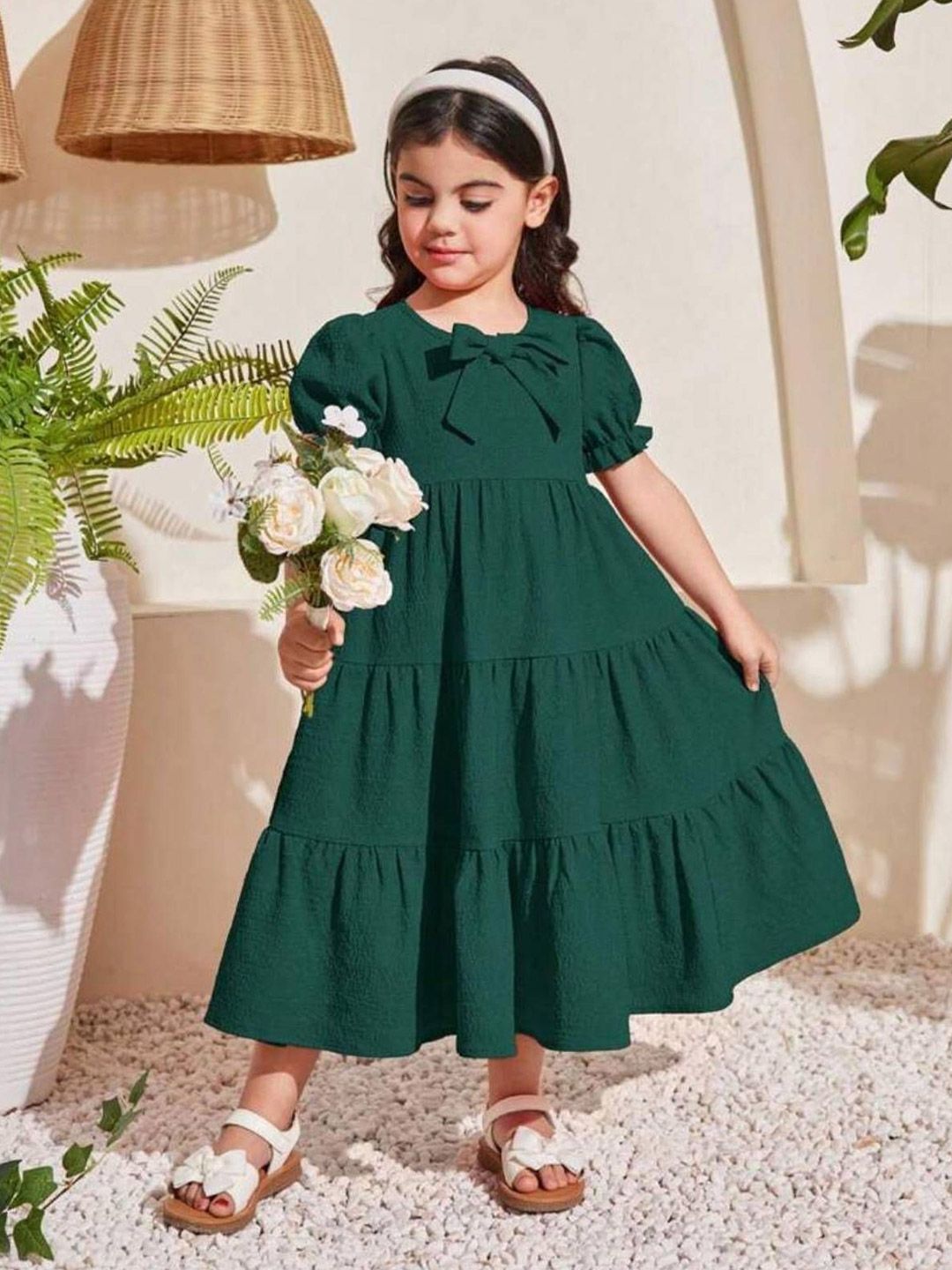 Kotty Girl's Self Design Puff Sleeves Bow Details Tiered Gown Dress