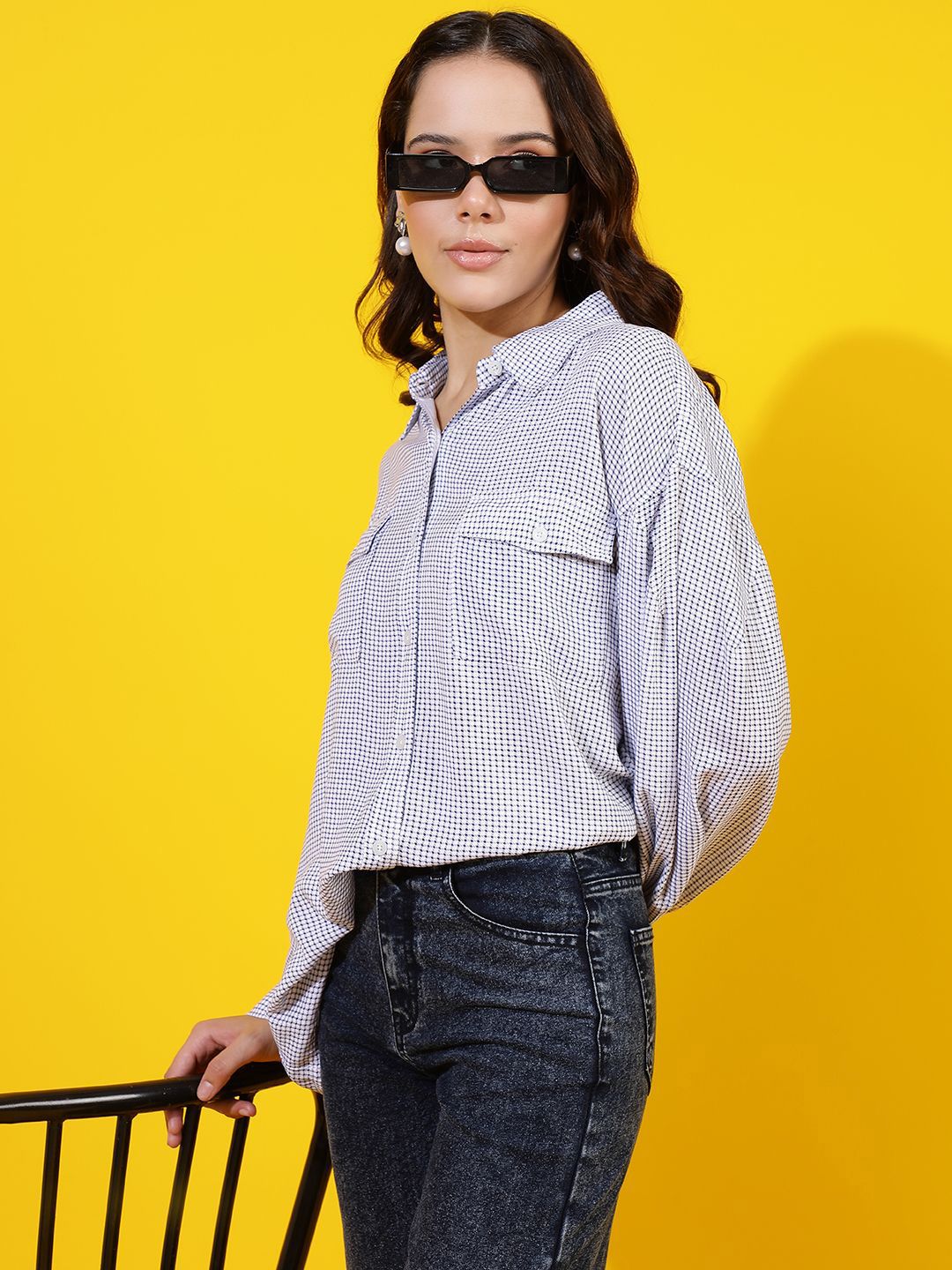 Kotty Women Comfort Spread Collar Micro Checked Cotton Oversized Casual Shirt