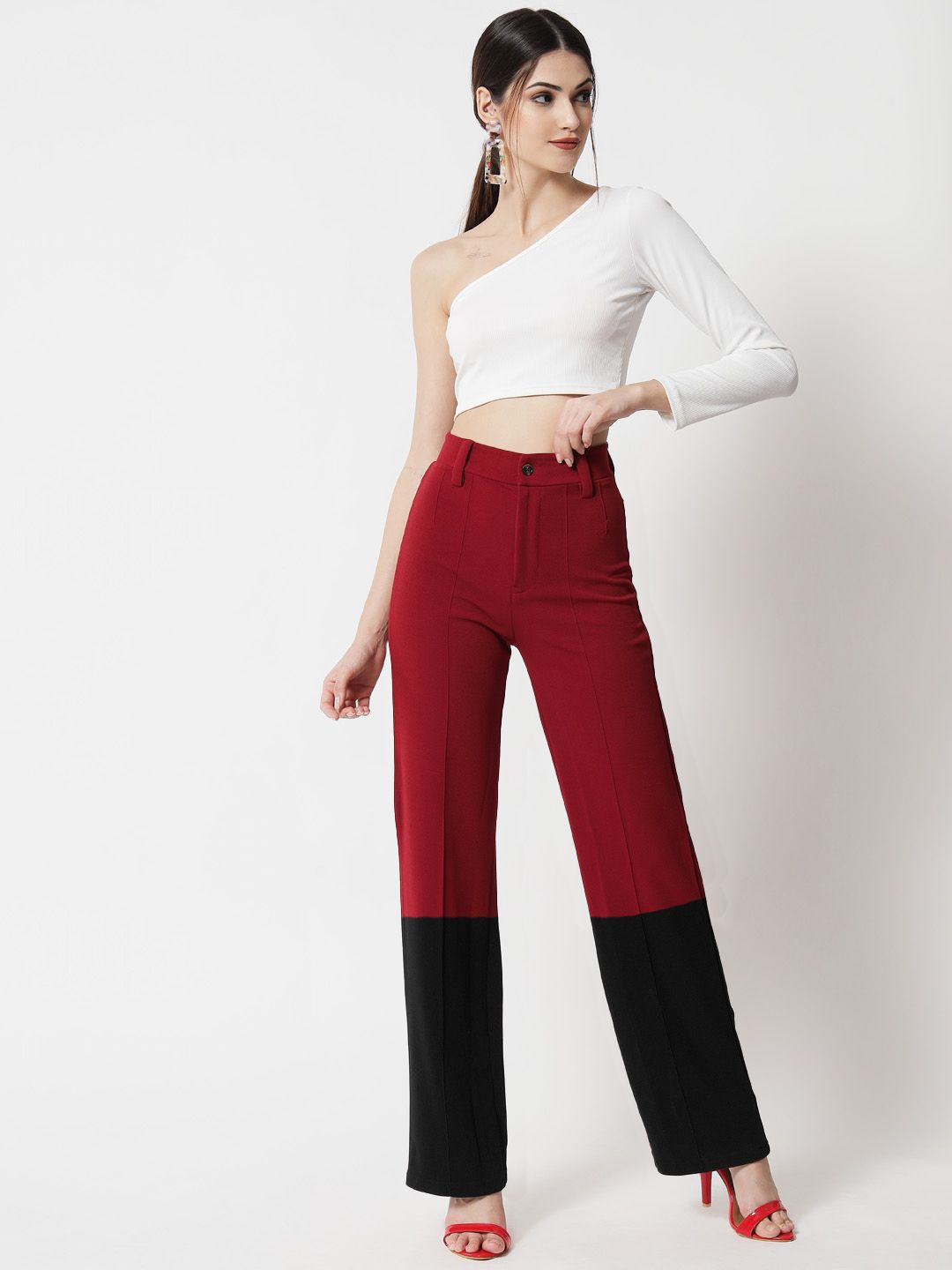 Kotty Women Colourblocked High-Rise Easy Wash Trousers