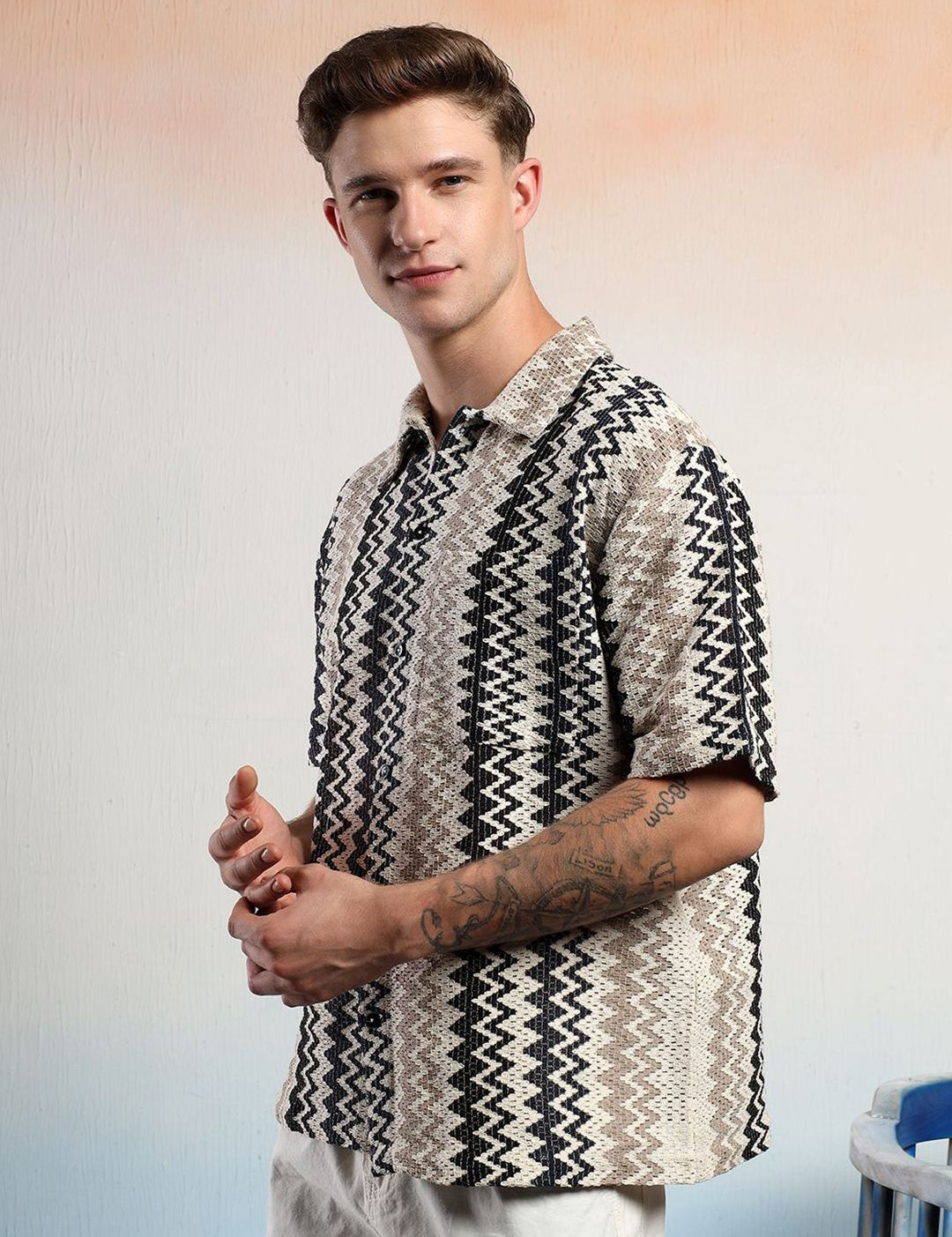 Kotty Men Sheer Striped Casual Shirt