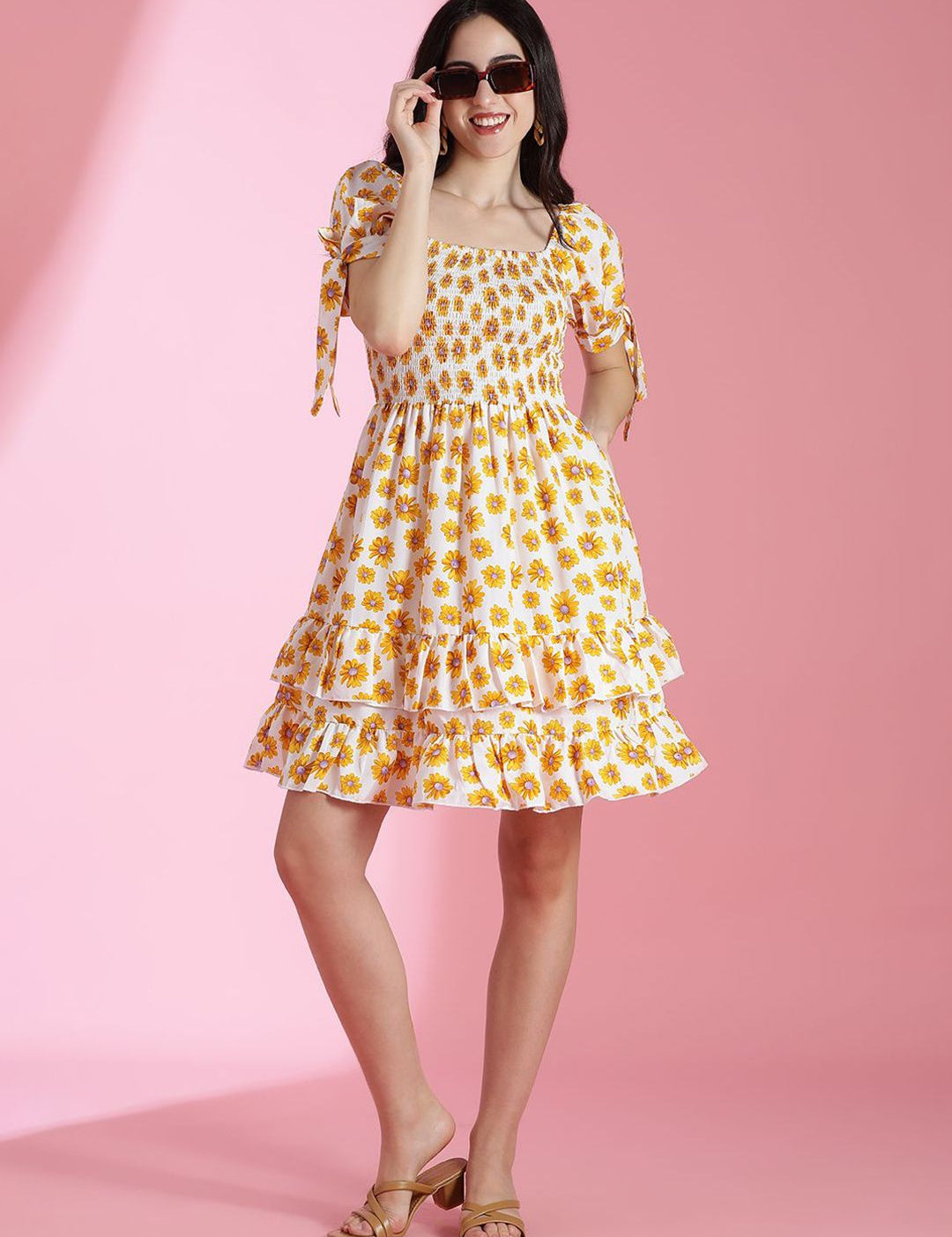Kotty Floral Printed Puff Sleeve Fit & Flare Dress