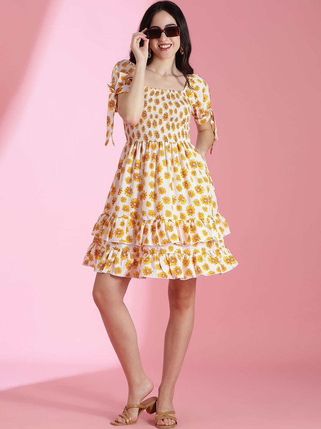 Kotty Floral Printed Puff Sleeve Fit & Flare Dress
