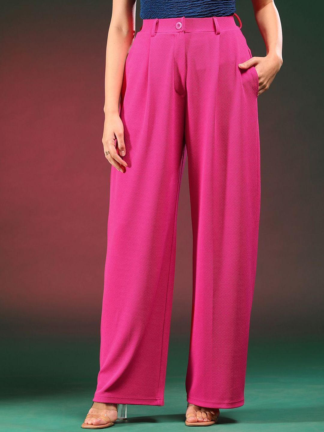 Kotty Women Solid Classic Relaxed Fit High-Rise Pleated Regular Trousers