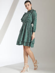 Kotty Floral Printed Bishop Sleeve Ruffled Fit & Flare Dress