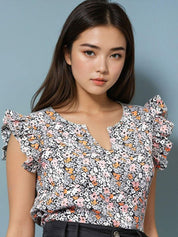 Kotty Women Floral Printed Sweetheart Neck Flutter Sleeves Top