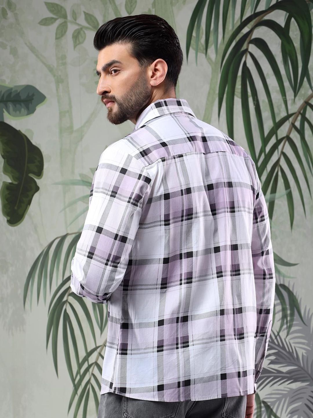 Kotty Men Spread Collar Tartan Checked Casual Shirt