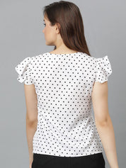 Kotty Women Polka Dot Printed V-Neck Flutter Sleeve Top