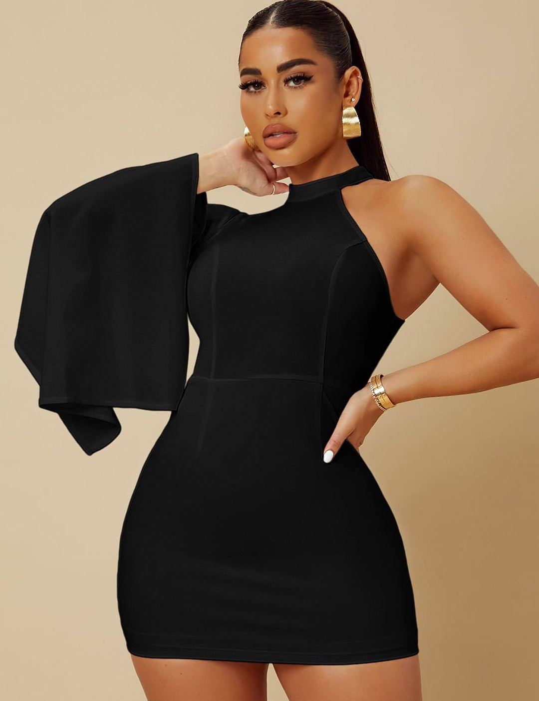 Kotty Women Solid Batwing Sleeves Bodycon Mini Dress