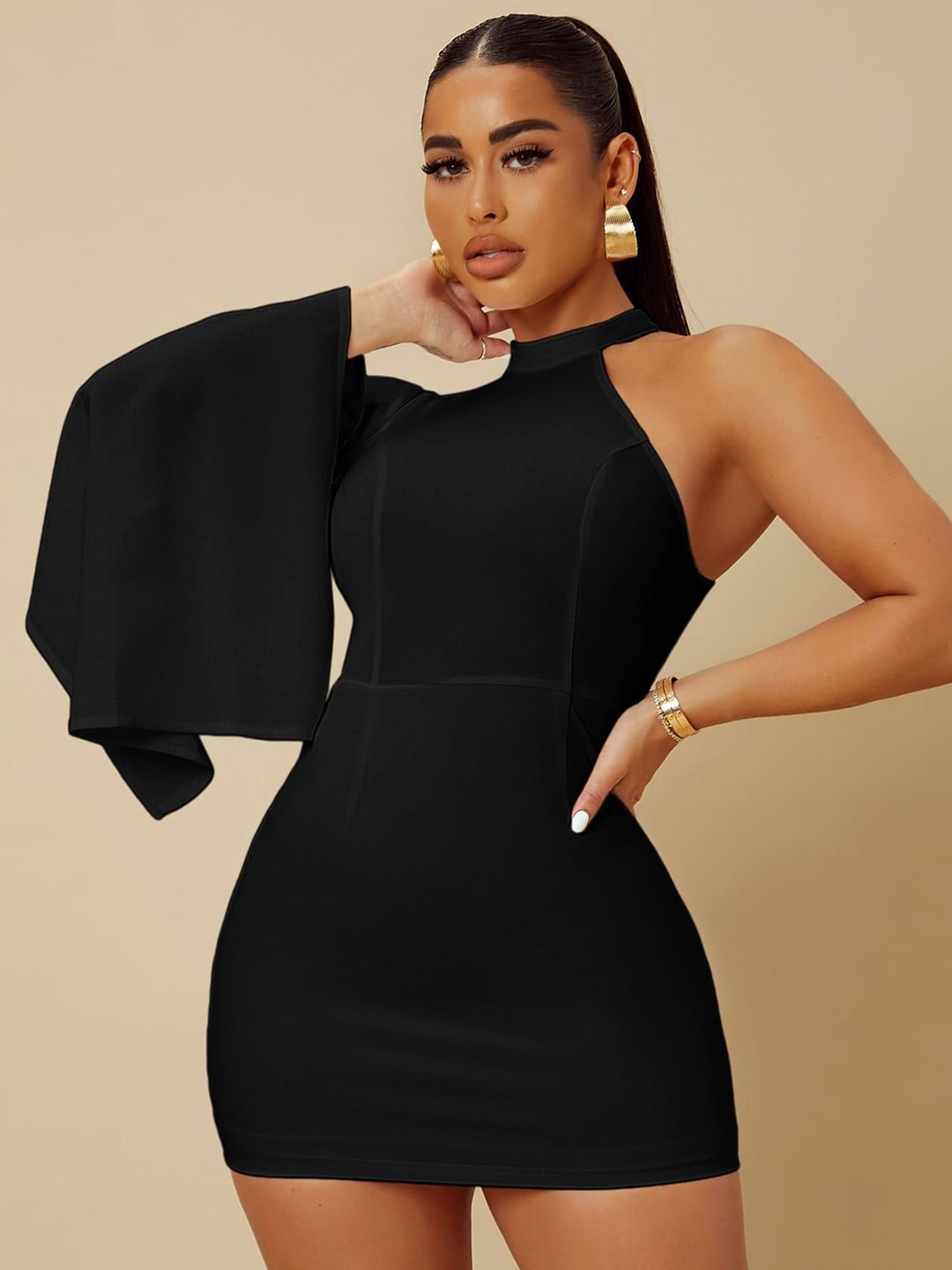 Kotty Women Solid Batwing Sleeves Bodycon Mini Dress