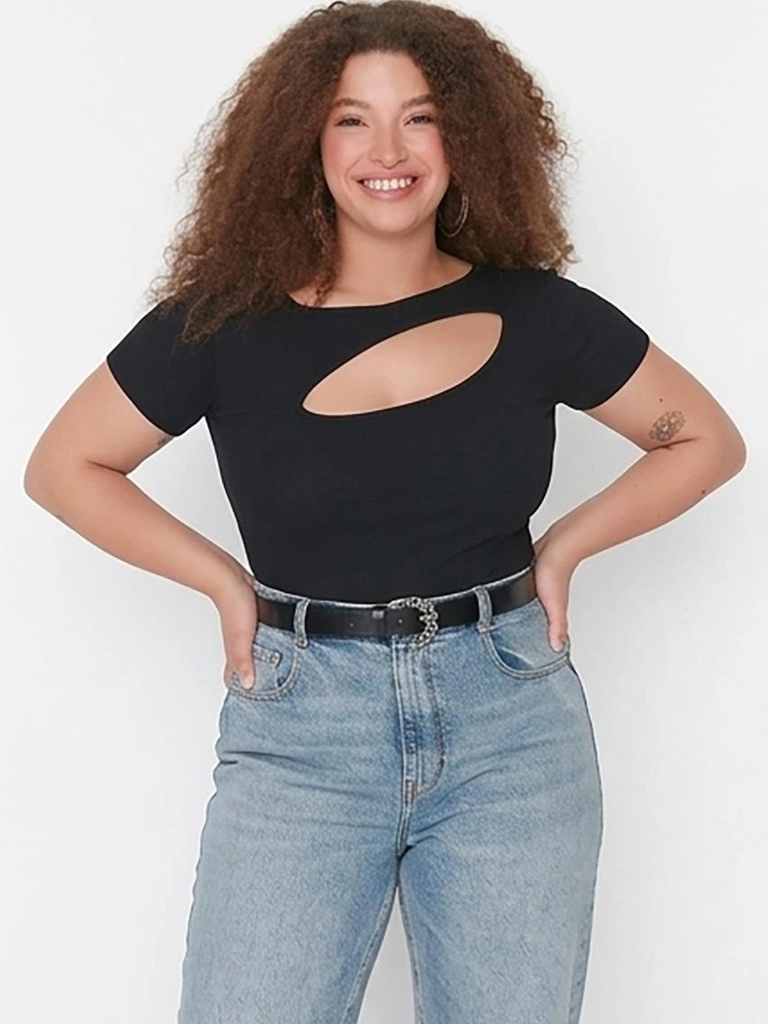 Kotty Women's Jet Black Round Neck Short Sleeve Top | Everyday Casual Wear