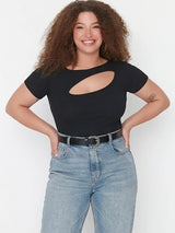 Kotty Women's Jet Black Round Neck Short Sleeve Top | Everyday Casual Wear
