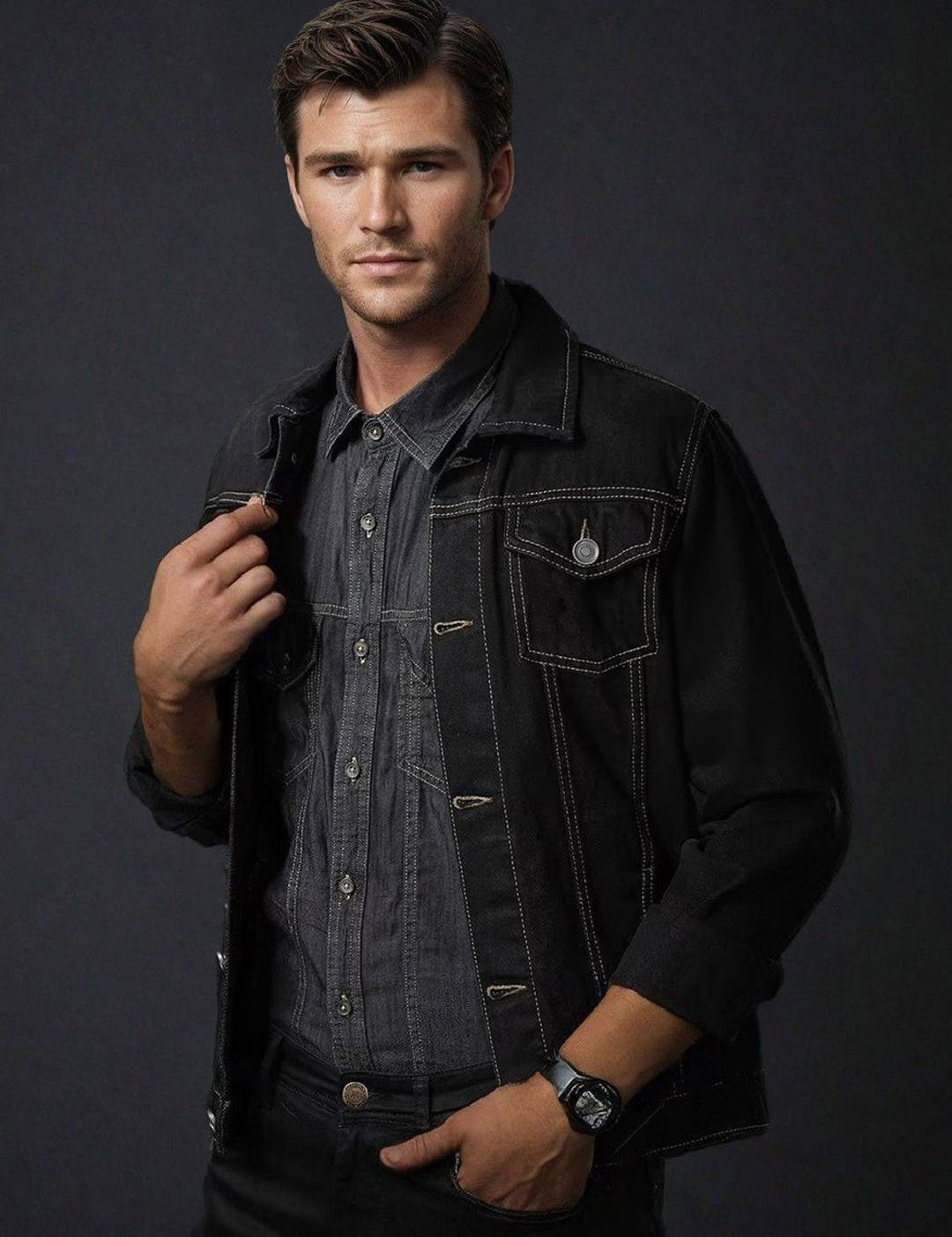 Kotty Men Solid Spread Collar Denim Jacket