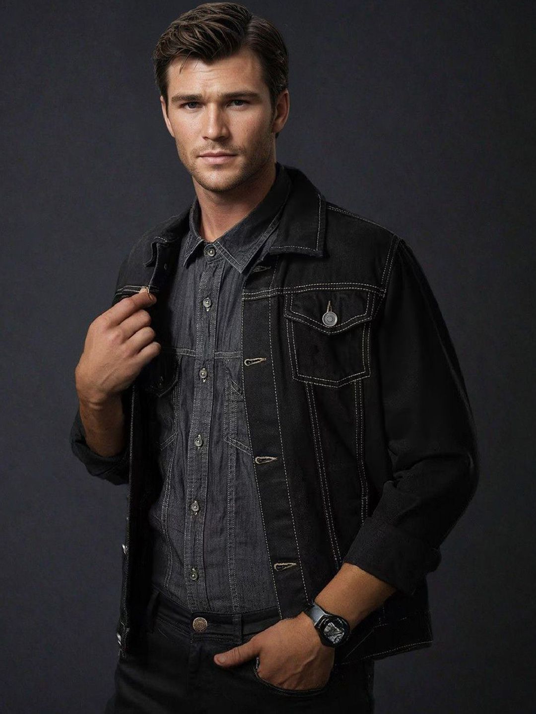 Kotty Men Solid Spread Collar Denim Jacket