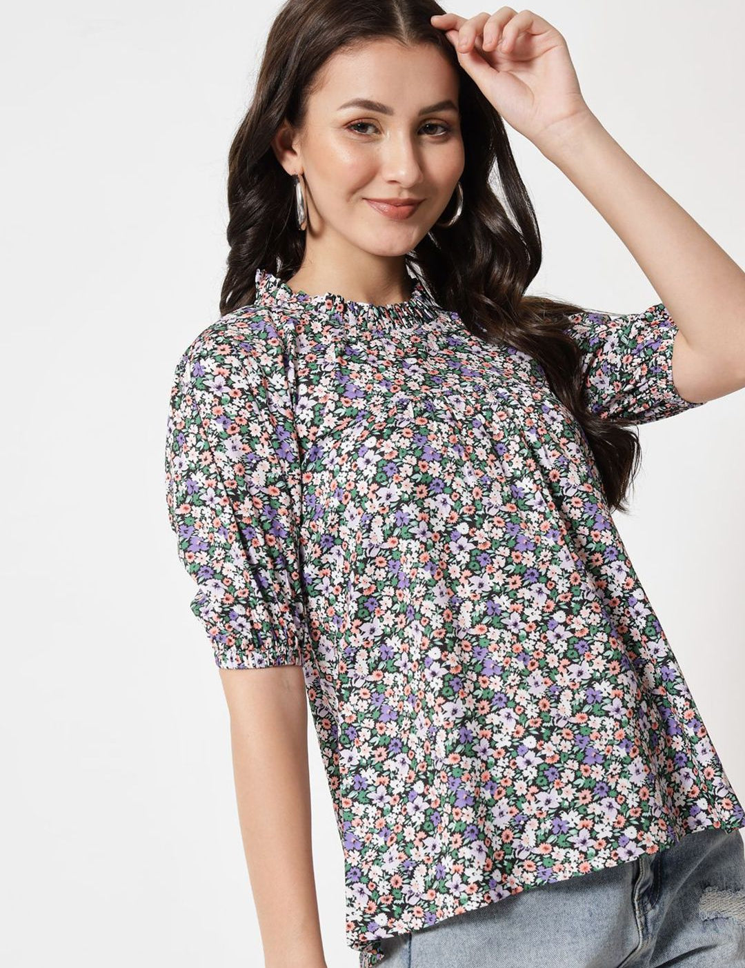 Kotty Women Floral Print Puff Sleeve Crepe Top