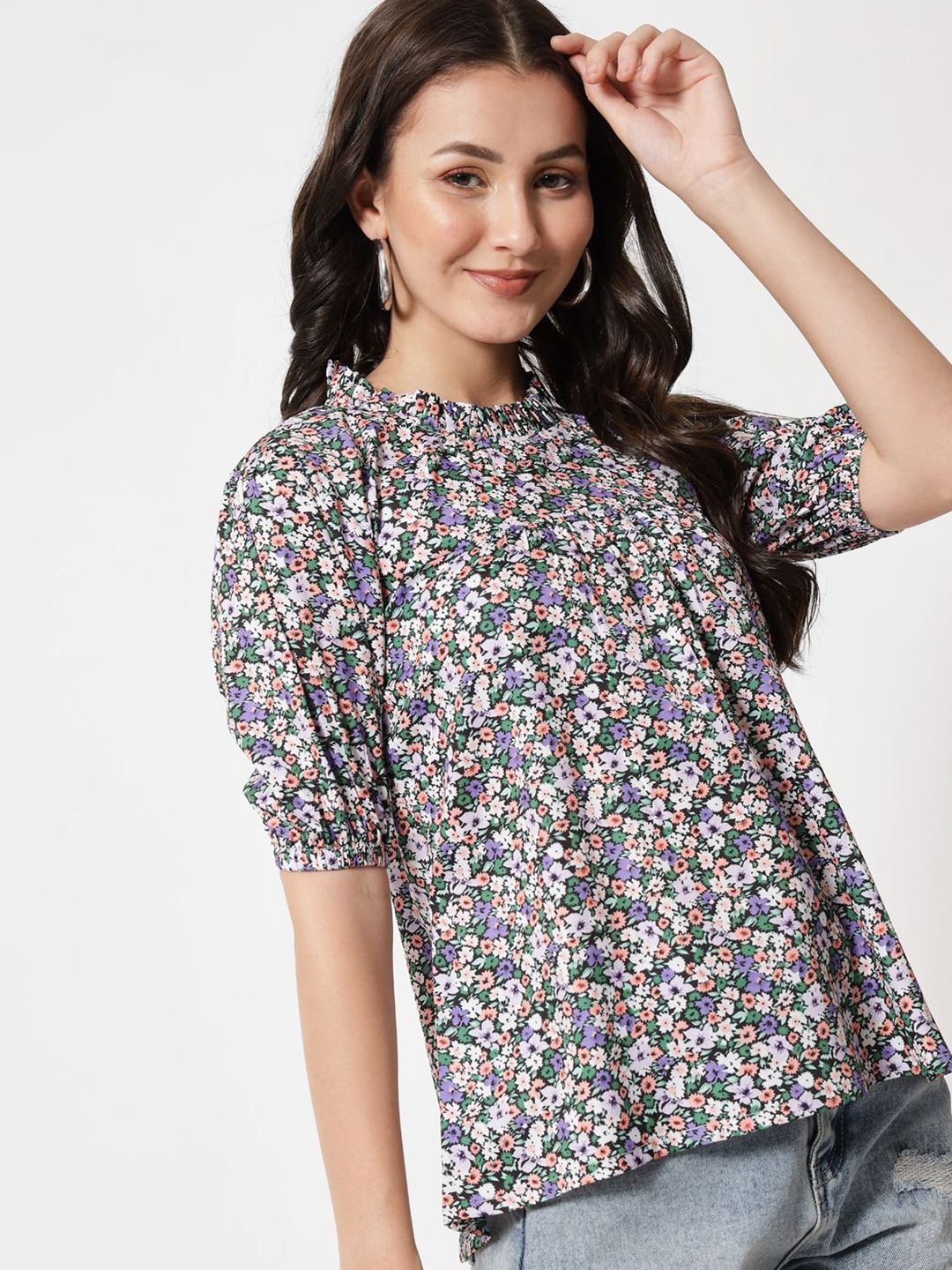 Kotty Women Floral Print Puff Sleeve Crepe Top