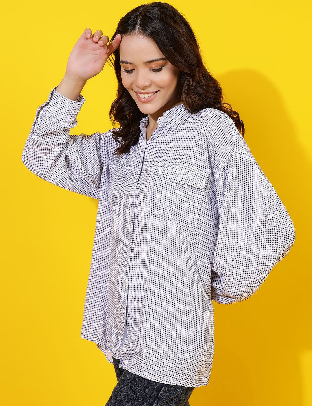 Kotty Women Comfort Spread Collar Micro Checked Cotton Oversized Casual Shirt