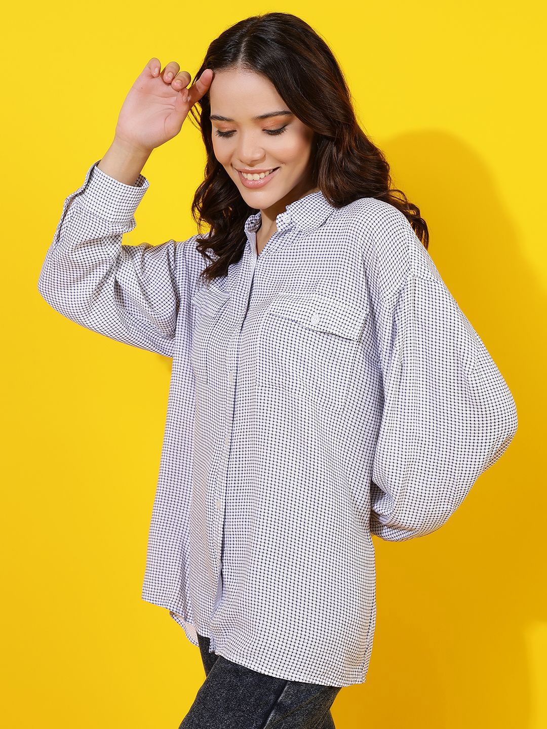 Kotty Women Comfort Spread Collar Micro Checked Cotton Oversized Casual Shirt
