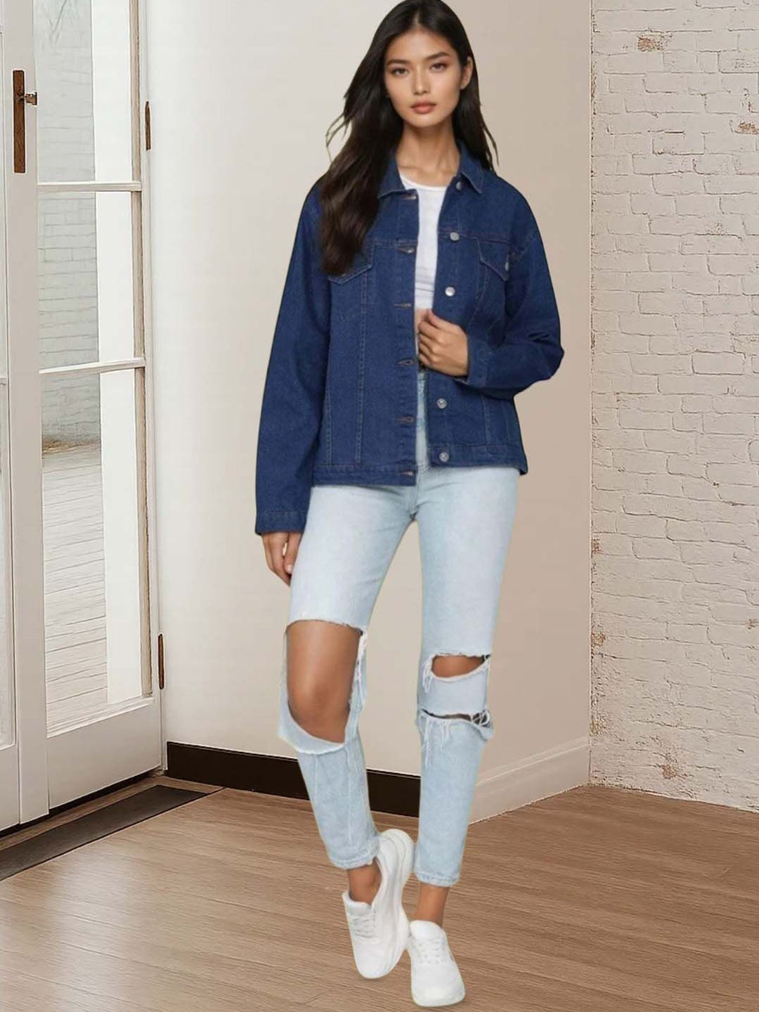 Kotty Women Spread Collar Solid Denim Jacket